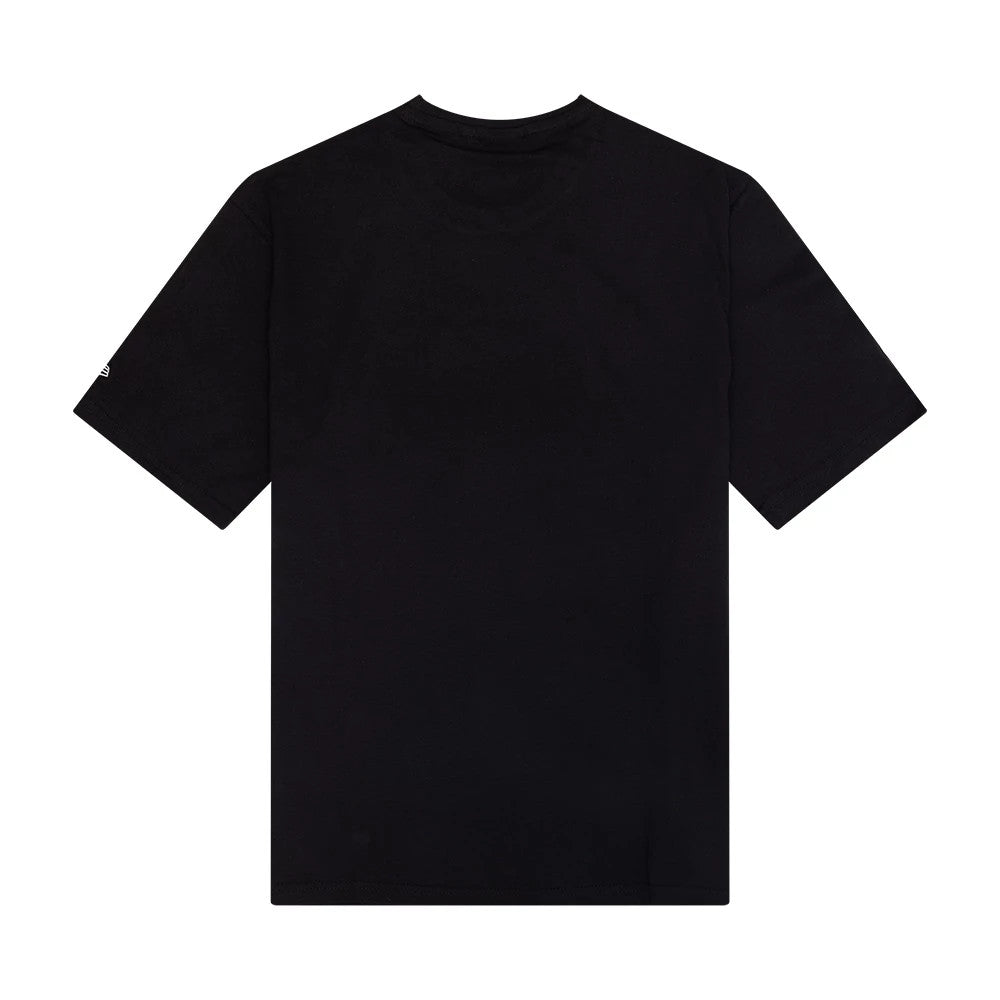 New Era Sticker Graphic Black T-Shirt, back view showing the plain black fabric with no graphics or lettering, a crew neckline and short sleeves, and a small New Era embroidered logo on the left sleeve edge facing down.