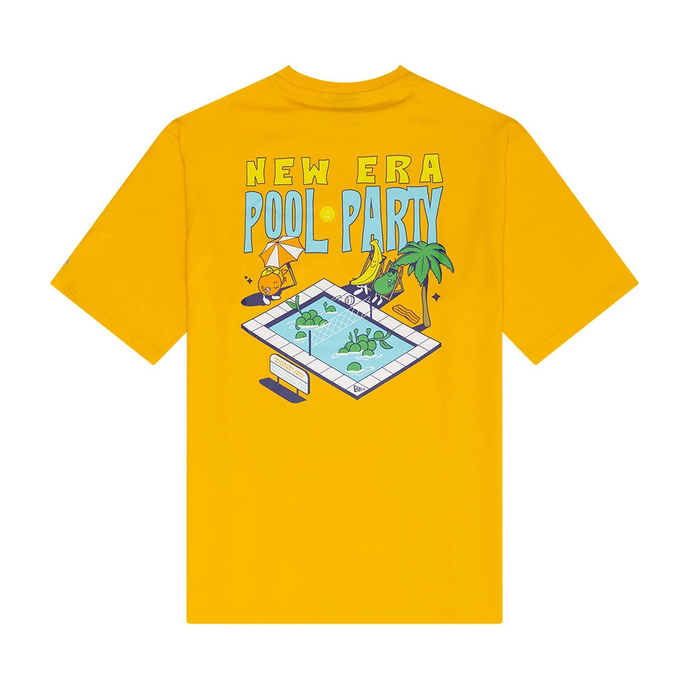 New Era Summer Graphic Yellow Oversized T-Shirt, back view highlighting a colourful pool party graphic featuring a pool, palm tree, and characters, with New Era Pool Party lettering across the shoulders.