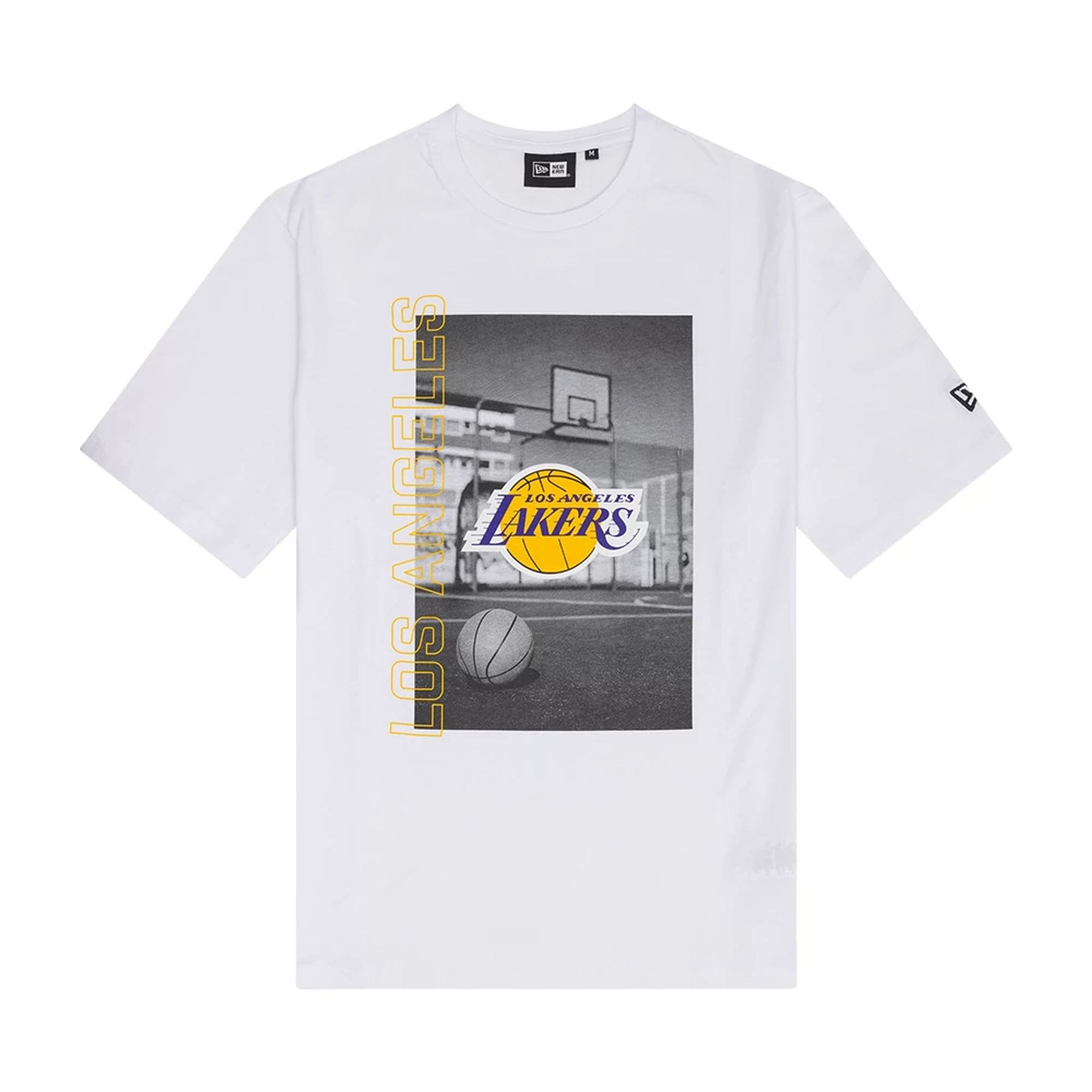 The Male model is wearing LA Lakers NBA Photographic White T-Shirt 1