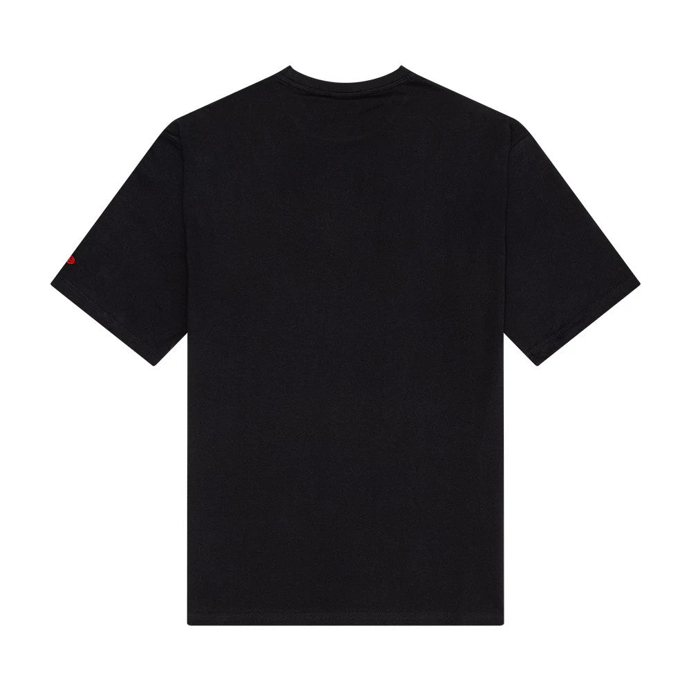New Era Character Graphic Black Oversized T-Shirt, back view showing a plain black surface with sleeve details and no logo or graphic, highlighting the oversized fit and straight hemline.