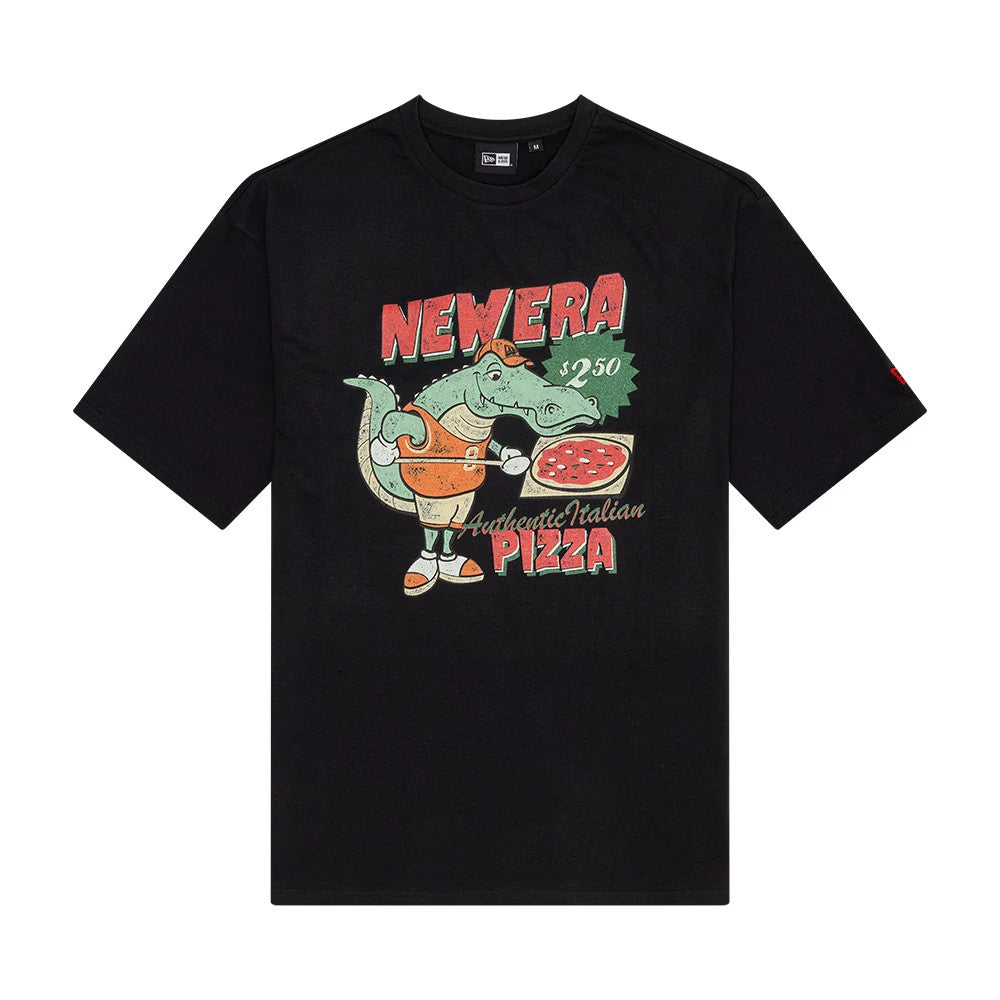 New Era Character Graphic Black Oversized T-Shirt, front view displaying a playful cartoon crocodile holding a pizza with red lettering saying New Era Authentic Italian Pizza across the chest.