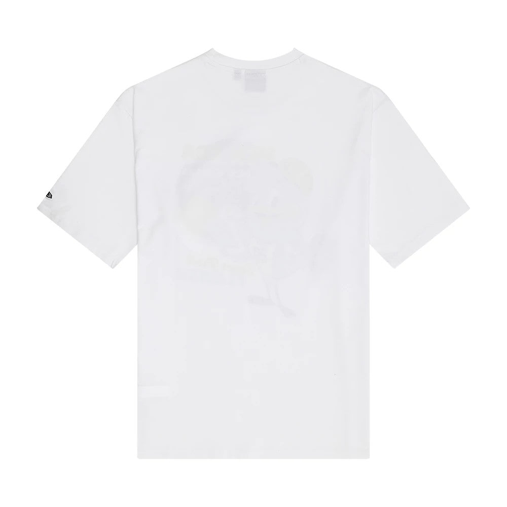 New Era Character Graphic White Oversized T-Shirt, back view showing a character graphic across the centre of the back and a small embroidered New Era logo on the left sleeve near the hem.