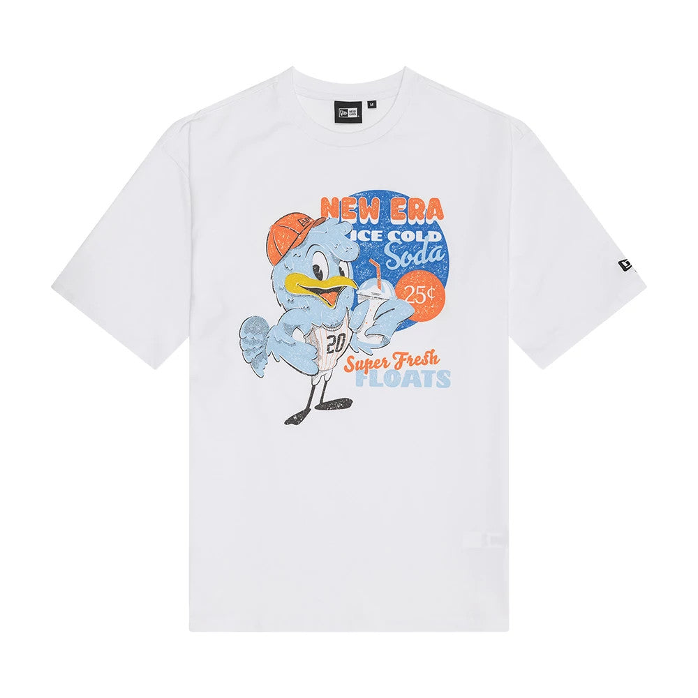 New Era Character Graphic White Oversized T-Shirt, front view showing a colourful vintage-style printed graphic of a cartoon duck with a soda cup, wearing a cap with New Era Ice Cold Soda and Super Fresh Floats text in lettering.