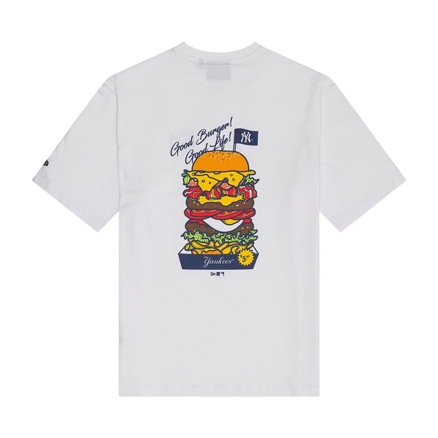 The Male model is wearing New York Yankees MLB Burger Graphic White T-Shirt 2