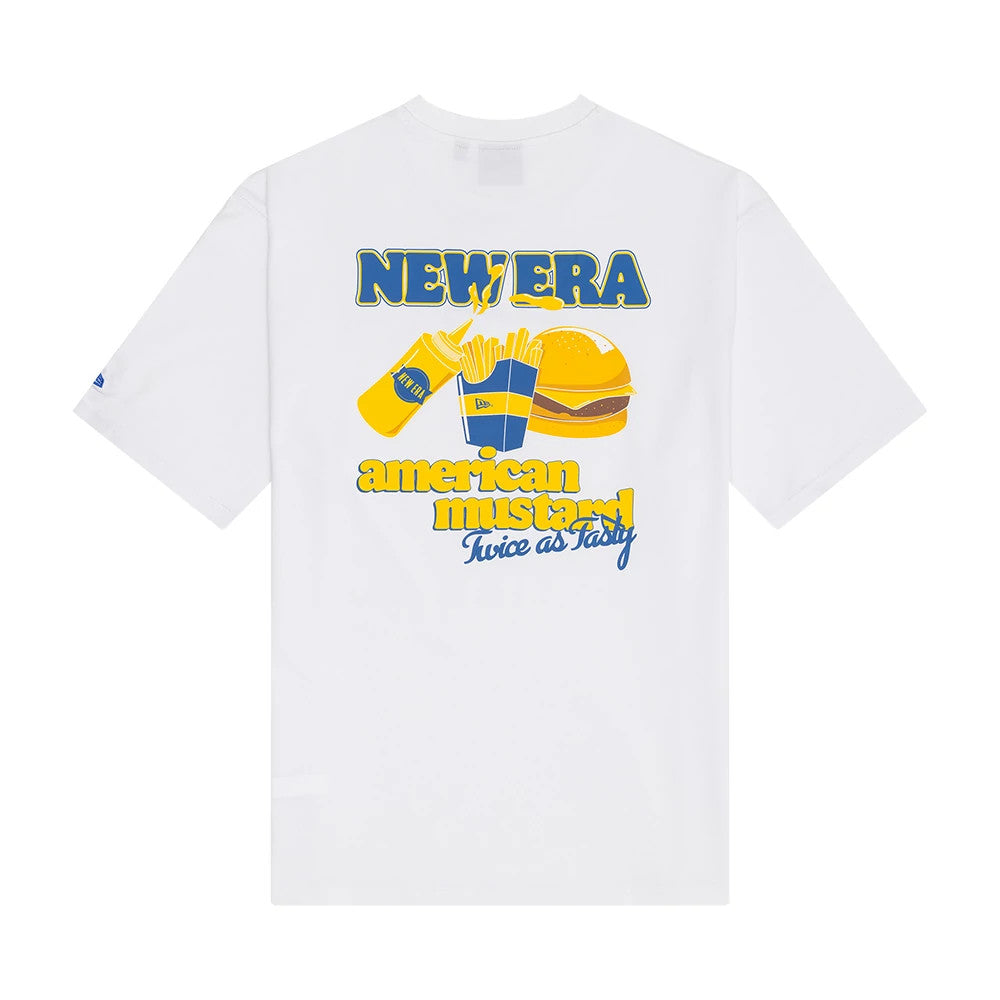 New Era Burger Graphic White Oversized T-Shirt, back view showing a graphic with a burger, fries, and mustard bottle in yellow and blue, New Era lettering at the top, and American Mustard Twice as Tasty text below the imagery.