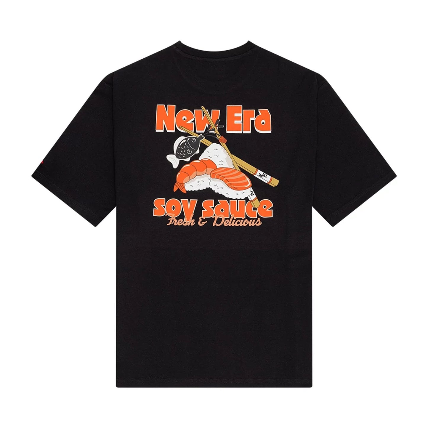 The Male model is wearing New Era Soy Sauce Graphic Black Oversized T-Shirt 2