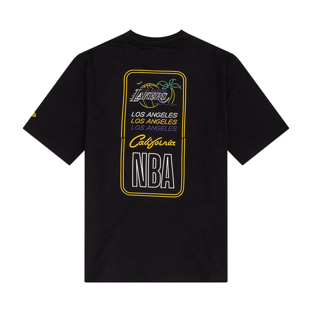 New Era LA Lakers NBA Neon Graphic Black T-Shirt, back view showing a large neon-inspired graphic with LA Lakers text, palm trees, Los Angeles lettering repeated three times, California in yellow script and NBA in below.