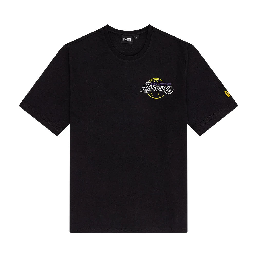 New Era LA Lakers NBA Neon Graphic Black T-Shirt, front view displaying the Lakers logo with neon accents printed on the left chest and a yellow New Era logo embroidered on the left sleeve edge.