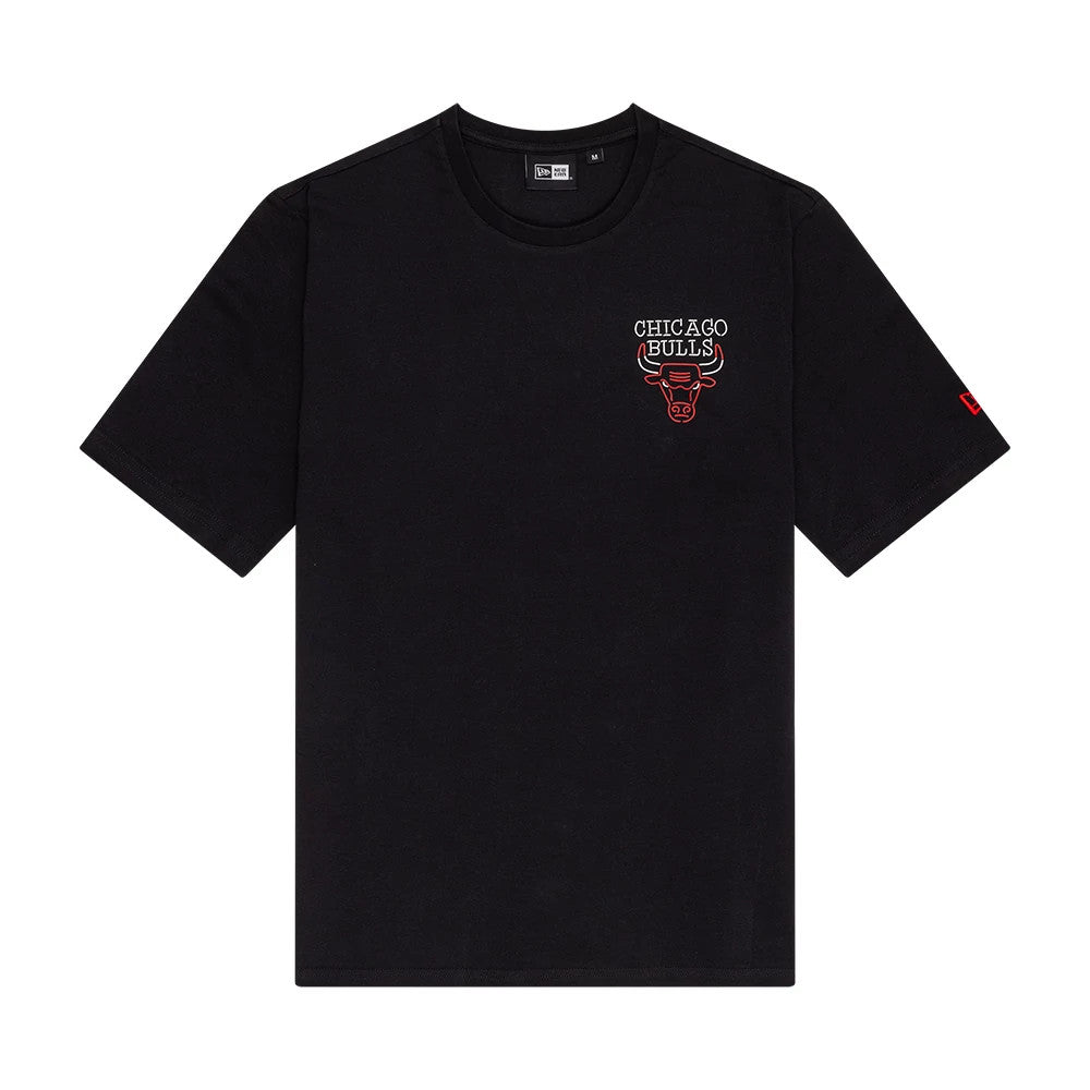 New Era Chicago Bulls NBA Neon Graphic Black T-Shirt, front view displaying a red and white embroidered Chicago Bulls logo on the left chest, with a small red embroidered New Era flag logo near the lower sleeve.