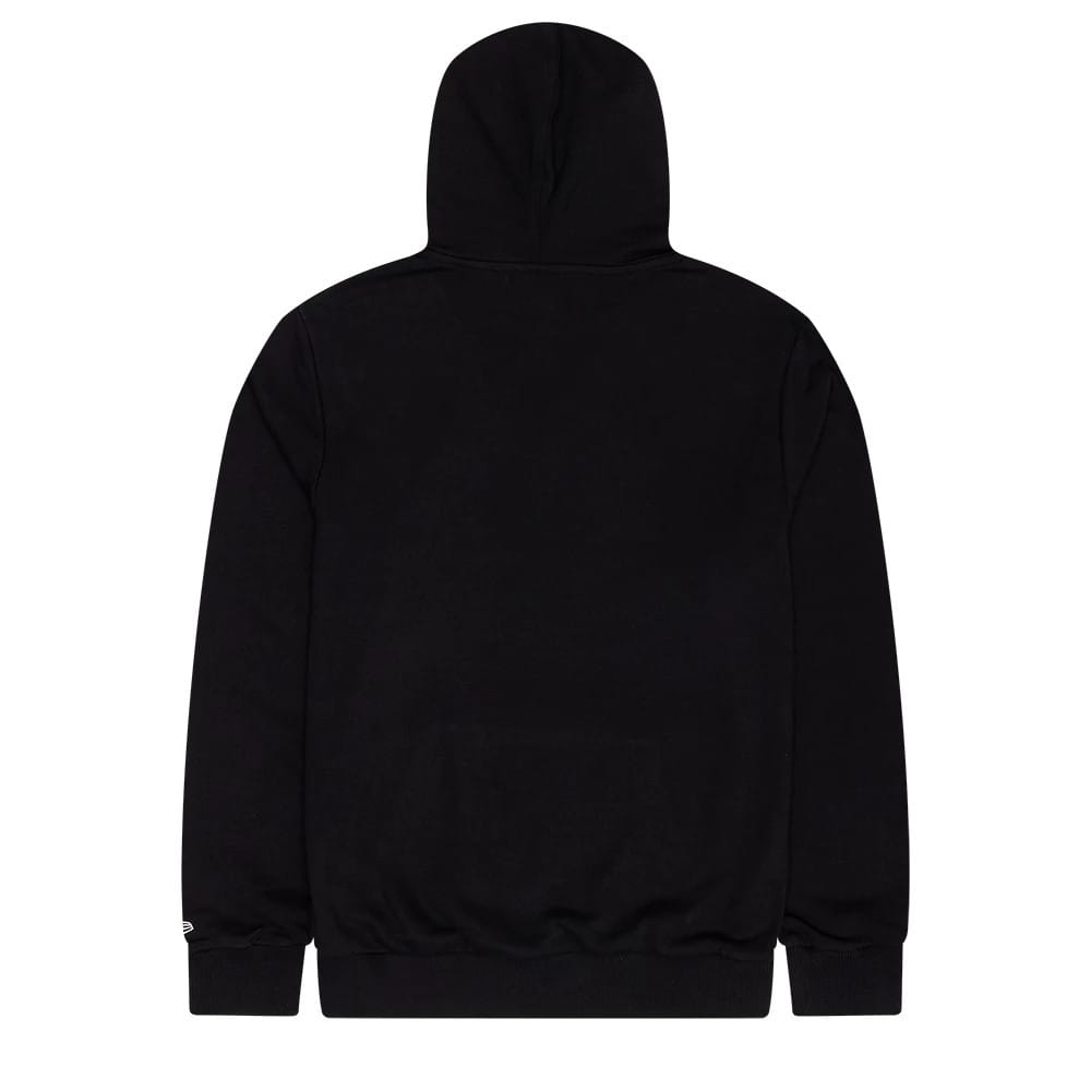 New Era Sticker Graphic Black Pullover Hoodie, back view displaying the plain black hood and back, with ribbed cuffs and hem, featuring a small embroidered New Era logo on the left sleeve.
