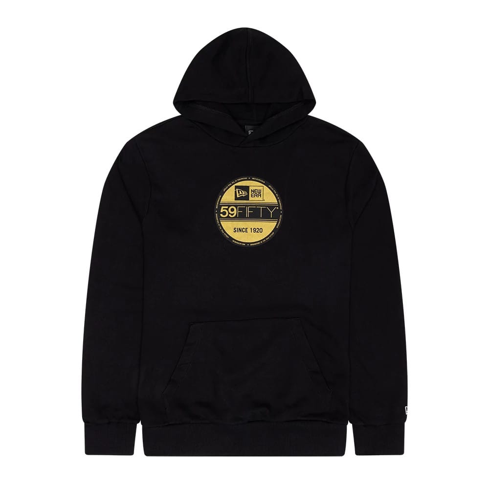 New Era Sticker Graphic Black Pullover Hoodie, front view showing a large circular gold 59FIFTY sticker graphic on the chest, with a black hood and a kangaroo pocket, featuring an embroidered New Era logo on the left cuff.