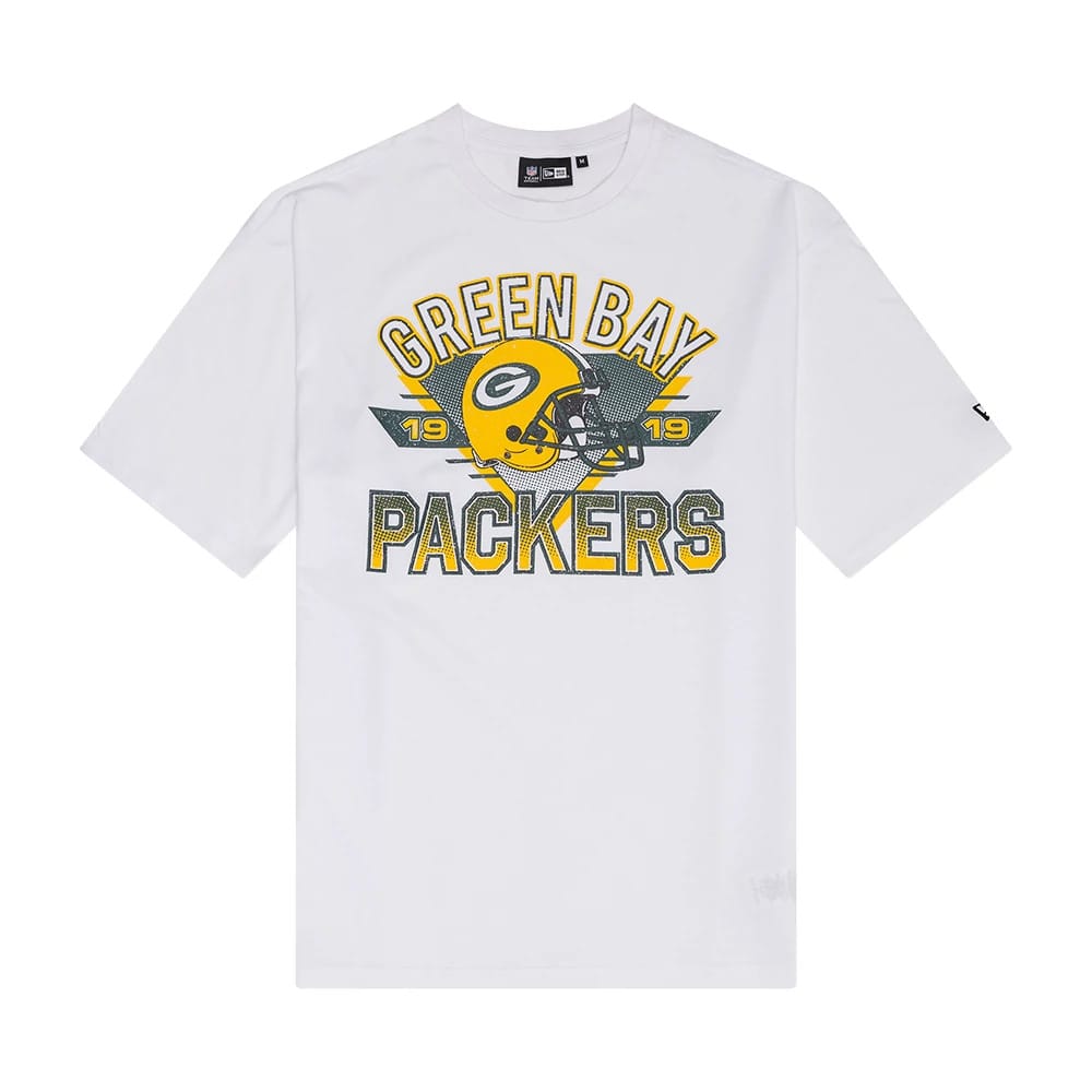 The Male model is wearing Green Bay Packers NFL Helmet Graphic White T-Shirt 1