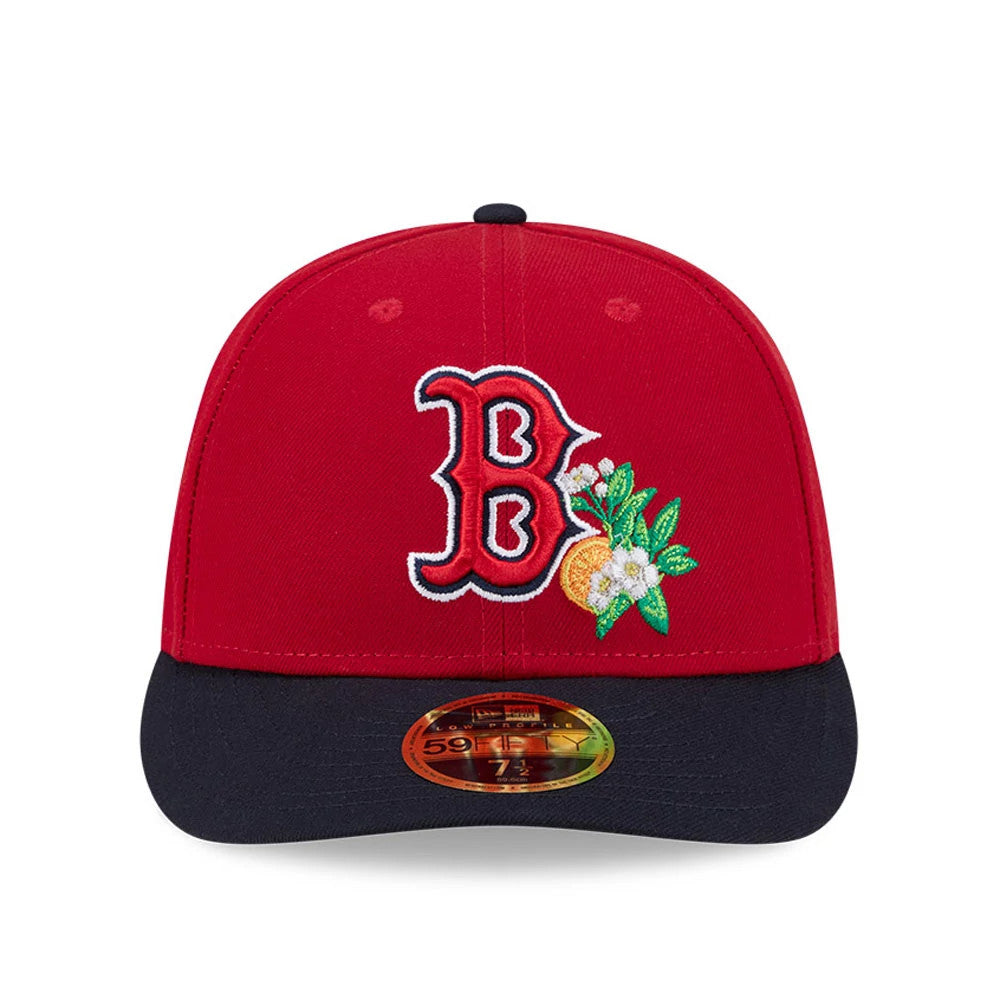 Boston Red Sox MLB Spring Training 2026 Red Low Profile New Era 59FIFTY Fitted Cap, front view showing an embroidered Red Sox logo with a floral detail on the red front panel, a black visor and a gold 59FIFTY size sticker.