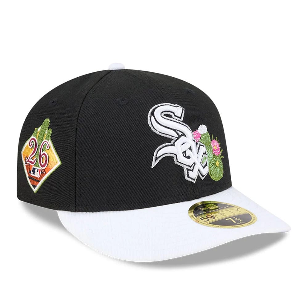 White Sox MLB Spring Training 2026 Black Low Profile New Era 59FIFTY Fitted Cap, three-quarter view with a raised white Sox logo and floral embroidery on the front panel, a 26 cactus patch on the right.