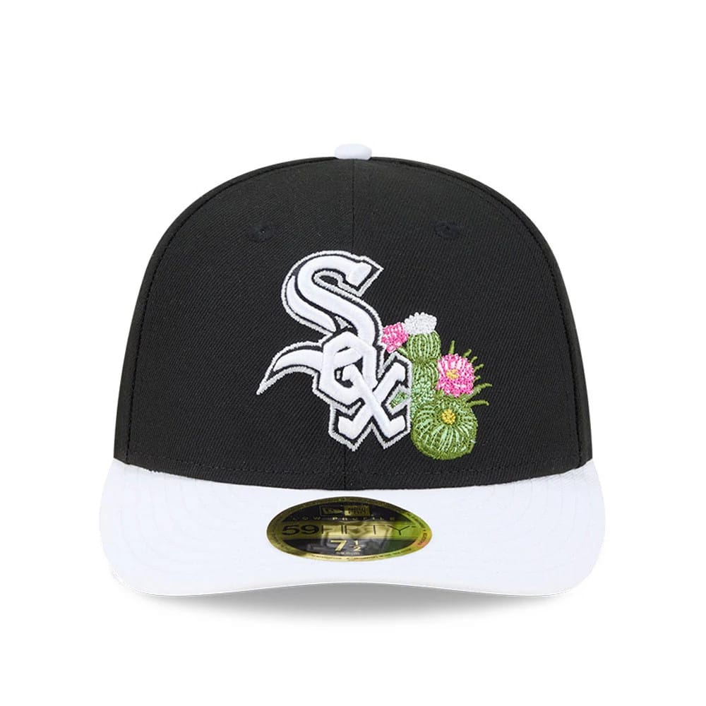 White Sox MLB Spring Training 2026 Black Low Profile New Era 59FIFTY Fitted Cap, front view showing the raised white Sox logo with a colourful cactus graphic on the black crown, contrasting with a white visor and gold 59FIFTY size sticker.