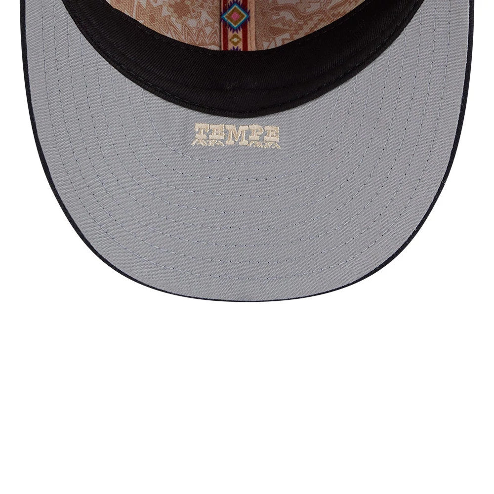 LA Angels MLB Spring Training 2026 Red Low Profile New Era 59FIFTY Fitted Cap, inside view highlighting the grey undervisor with cream Tempe lettering and patterned taping featuring geometric designs.