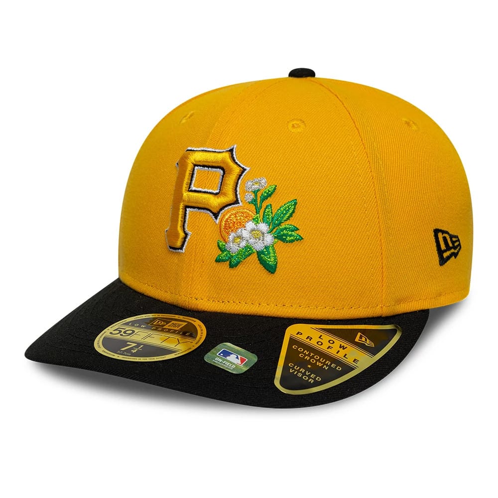 Pirates MLB Spring Training 2026 Yellow Low Profile New Era 59FIFTY Fitted Cap, front view showing a yellow embroidered Pirates logo with floral details on the front panel, a black visor with a gold 59FIFTY size sticker and the MLB sticker.