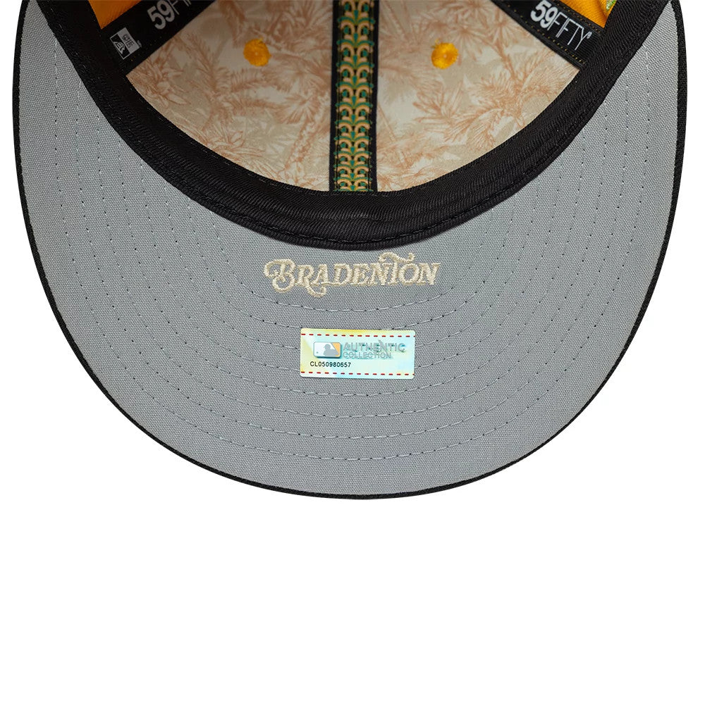 Pirates MLB Spring Training 2026 Yellow Low Profile New Era 59FIFTY Fitted Cap, inside view showing a grey undervisor with embroidered Bradenton lettering, palm tree print lining, and 59FIFTY taping in black with yellow crown eyelets.