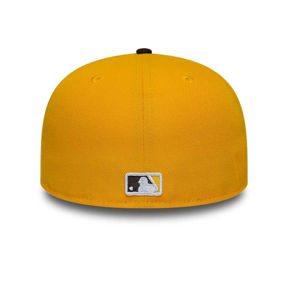 Padres MLB Spring Training 2026 Yellow New Era Low Profile 59FIFTY Fitted Cap, rear view showing the white embroidered MLB Batterman logo at the centre back, with a structured yellow crown and matching yellow eyelets.