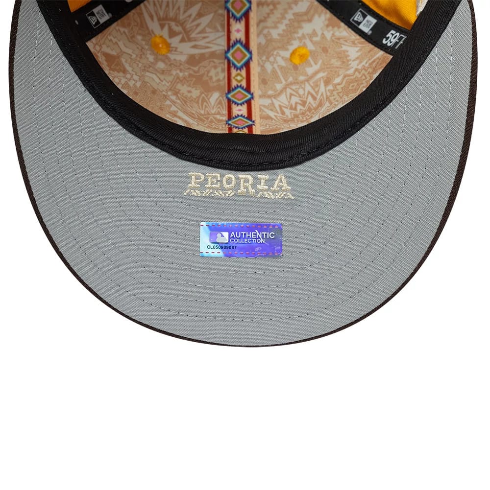 Padres MLB Spring Training 2026 Yellow Low Profile New Era 59FIFTY Fitted Cap, inside view showing Aztec-patterned taping, a grey undervisor with gold Peoria embroidery and an Authentic Collection sticker.