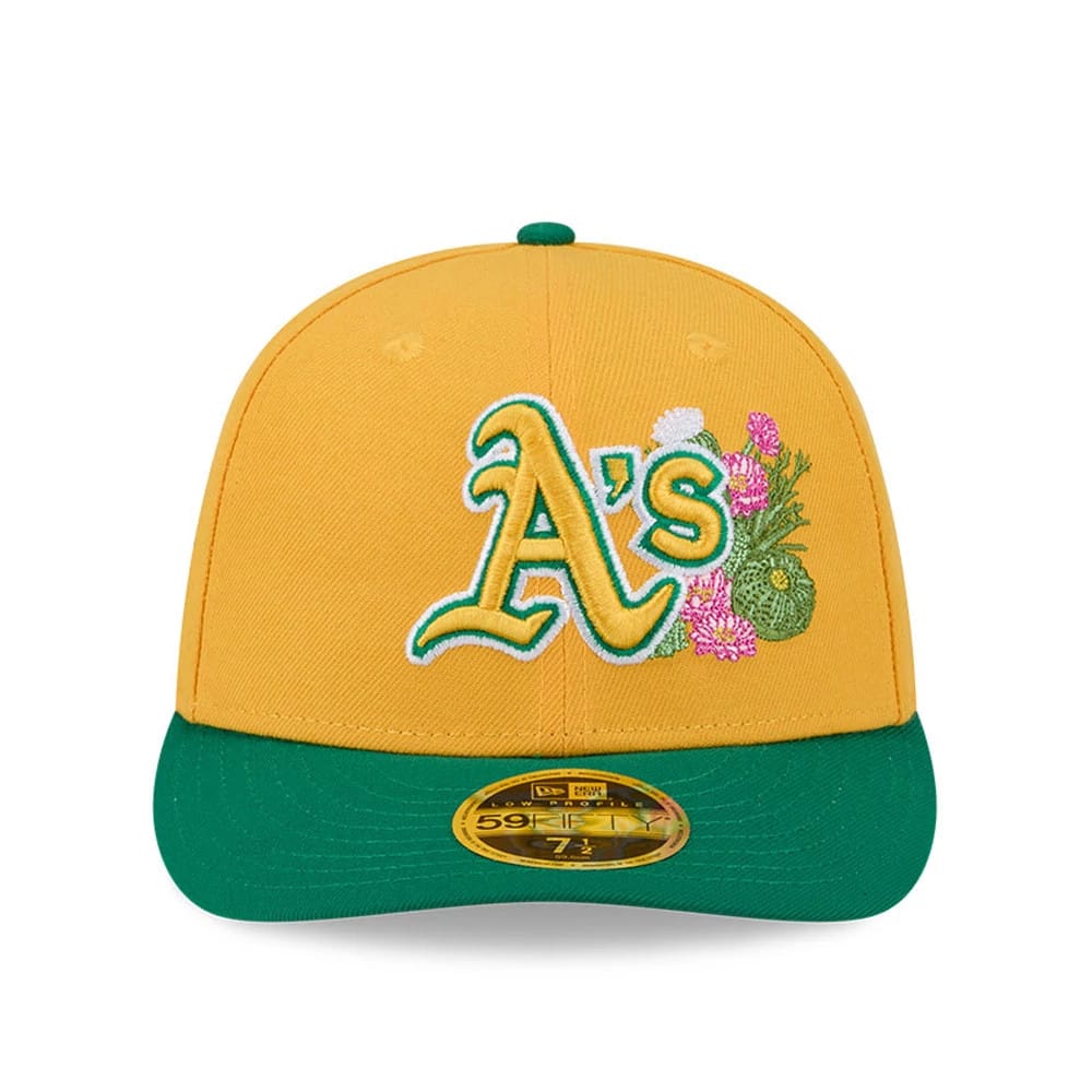 Athletics MLB Spring Training 2026 Yellow Low Profile New Era 59FIFTY Fitted Cap, front view showing a green and white A's logo with floral embroidery on the yellow crown, green visor, and a gold 59FIFTY size sticker.