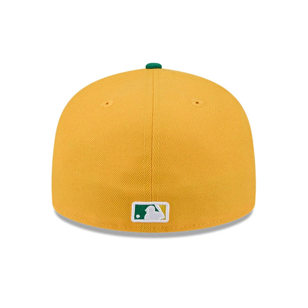 Athletics MLB Spring Training 2026 Yellow Low Profile New Era 59FIFTY Fitted Cap, rear view showing the white embroidered MLB Batterman logo at the centre back, with a green top button on the structured yellow crown.