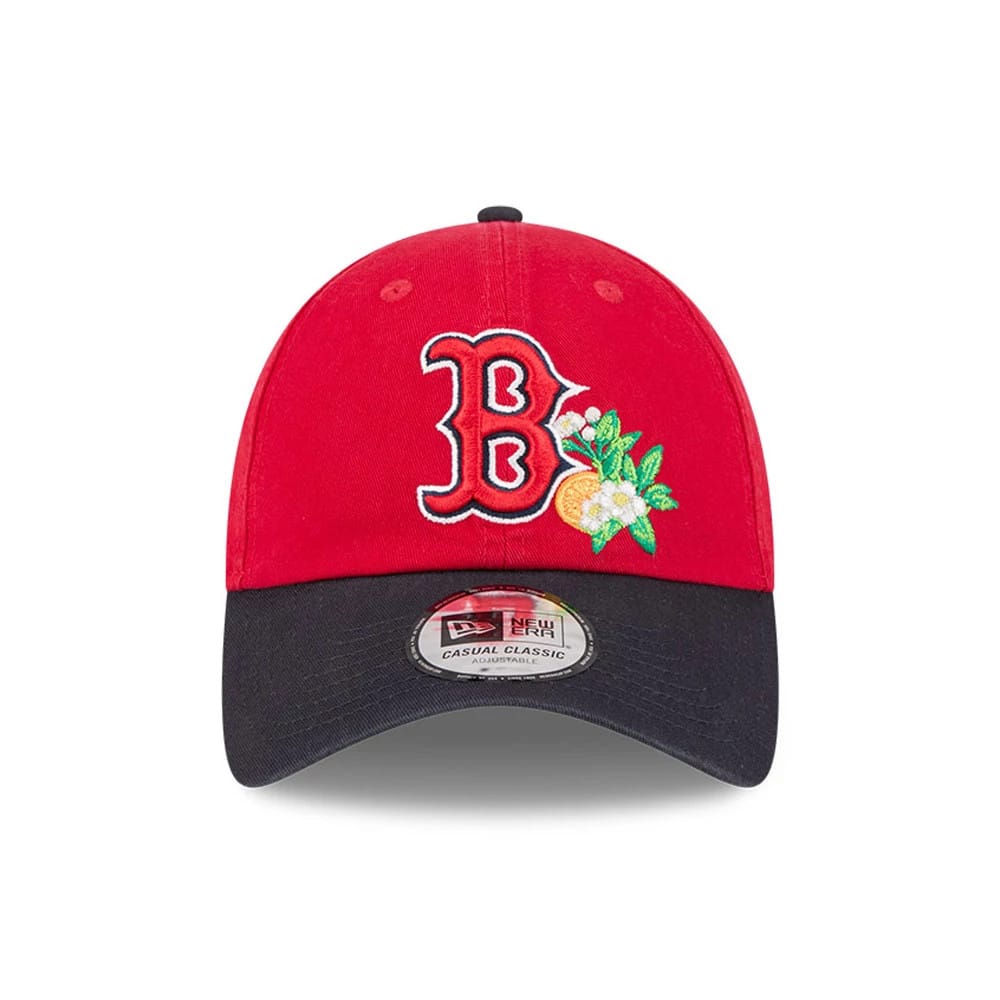 New Era Boston Red Sox MLB Spring Training 2026 Red Casual Classic Adjustable Cap, front view showing the raised red B logo with floral embroidery on the structured red crown, black curved visor and size sticker.