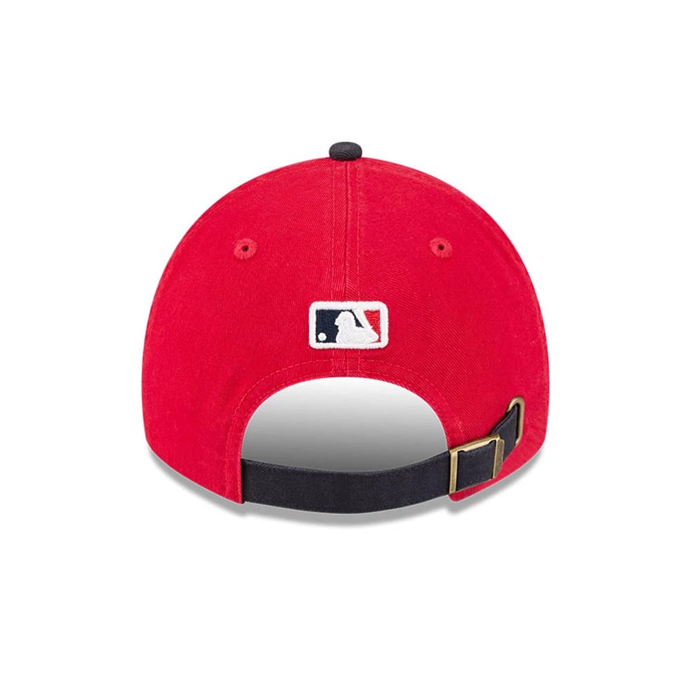 New Era Boston Red Sox MLB Spring Training 2026 Red Casual Classic Adjustable Cap, rear view showing the embroidered MLB Batterman logo at the centre, with a black adjustable strap and gold buckle on the red crown.