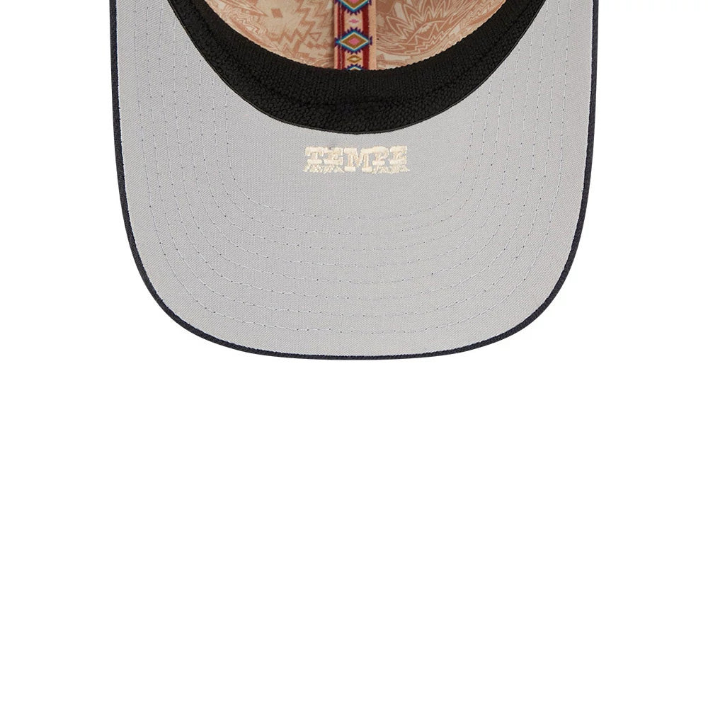 LA Angels MLB Spring Training 2026 Red New Era 39THIRTY M-Crown Stretch Fit Cap, inside view showing the grey undervisor with TEMPE print, black interior sweatband, and patterned taping across the centre.