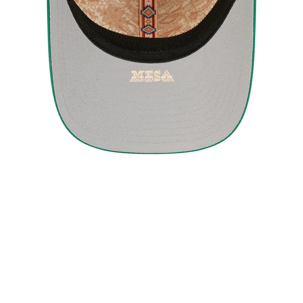 Athletics MLB Spring Training 2026 Yellow New Era 39THIRTY M-Crown Stretch Fit Cap, inside view showing the tan patterned taping with a central woven design, the black sweatband, and the grey undervisor with Mesa text in white.