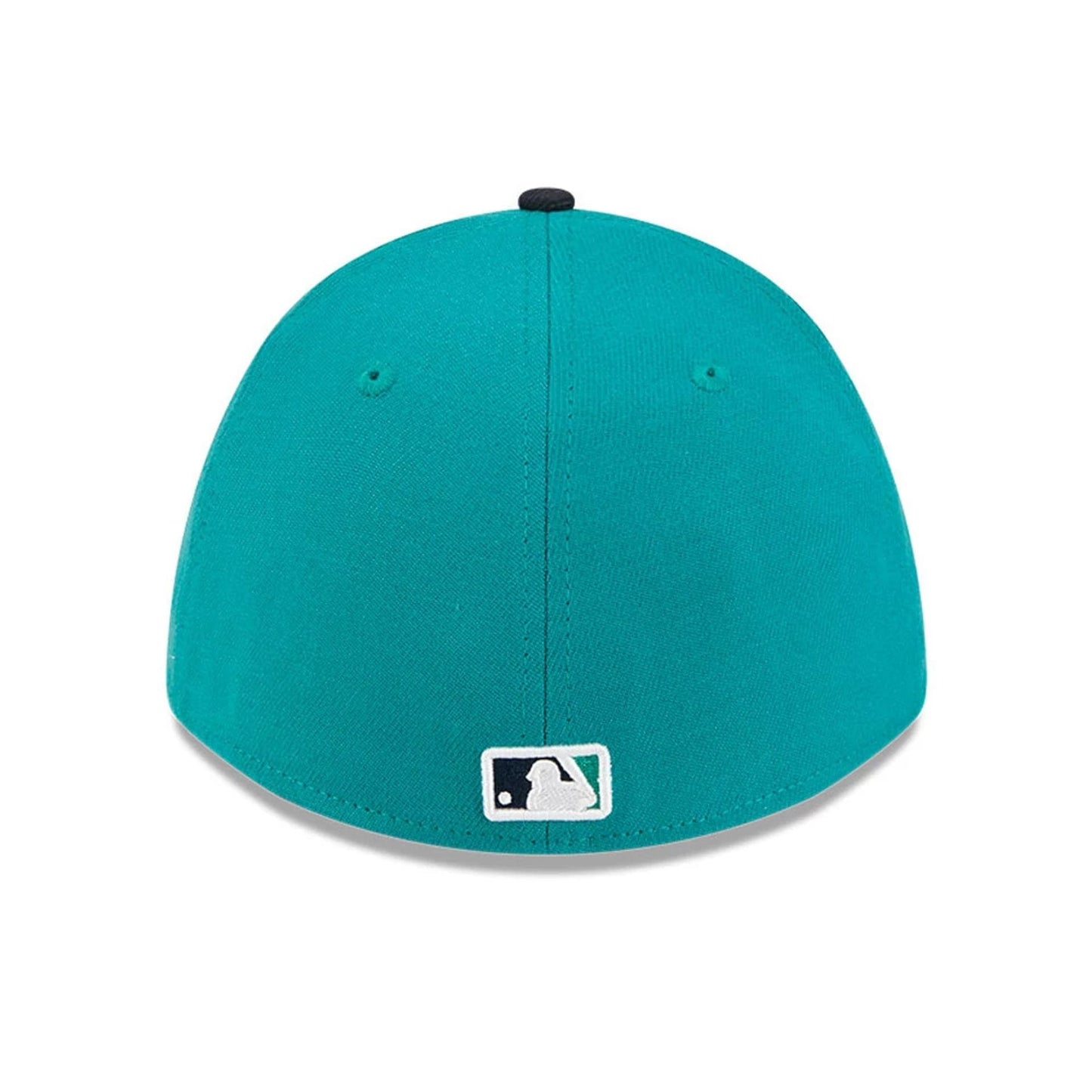 Mariners MLB Spring Training 2026 Green New Era 39THIRTY M-Crown Stretch Fit Cap, rear view showing the white embroidered MLB Batterman logo at the centre back of the structured green crown.