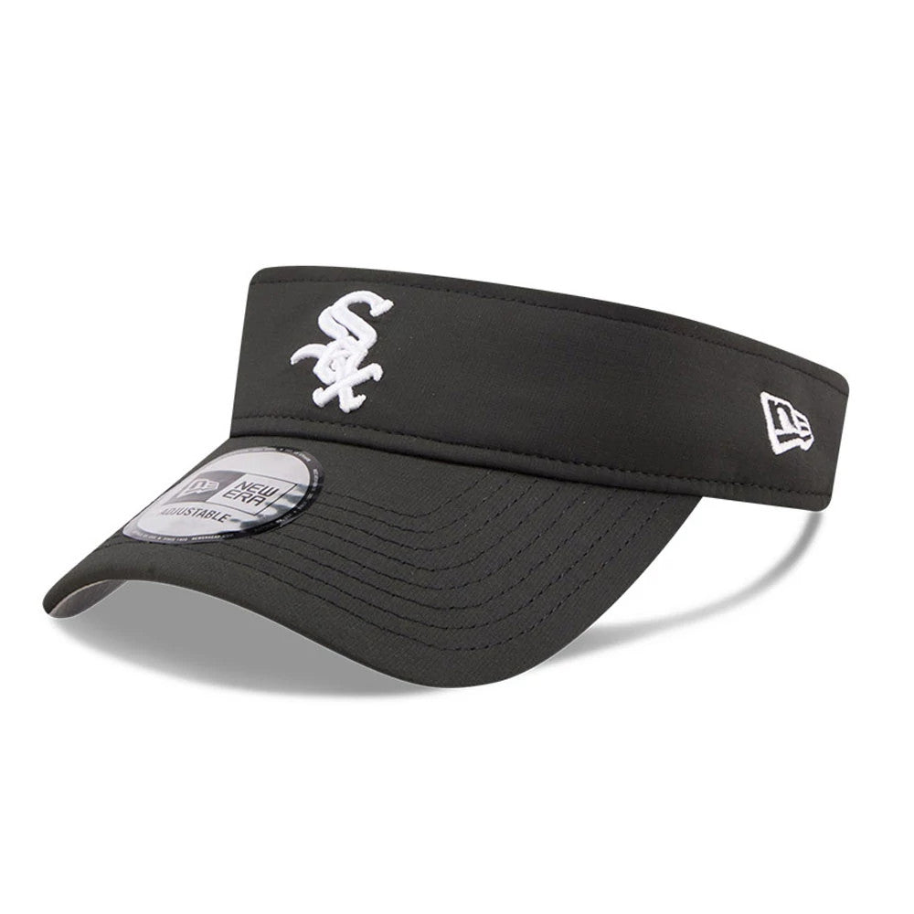 New Era Chicago White Sox MLB Spring Training 2026 Black Visor Cap, three-quarter view showing the raised white Sox logo on the black band, with a New Era flag logo on the left side and an adjustable size sticker on the black visor.