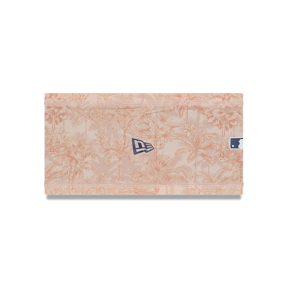New Era Cactus League Logo MLB Spring Training 2026 All Over Print Headband, front view showing the New Era flag logo in navy on a palm tree pattern and the MLB batter silhouette on the right side.