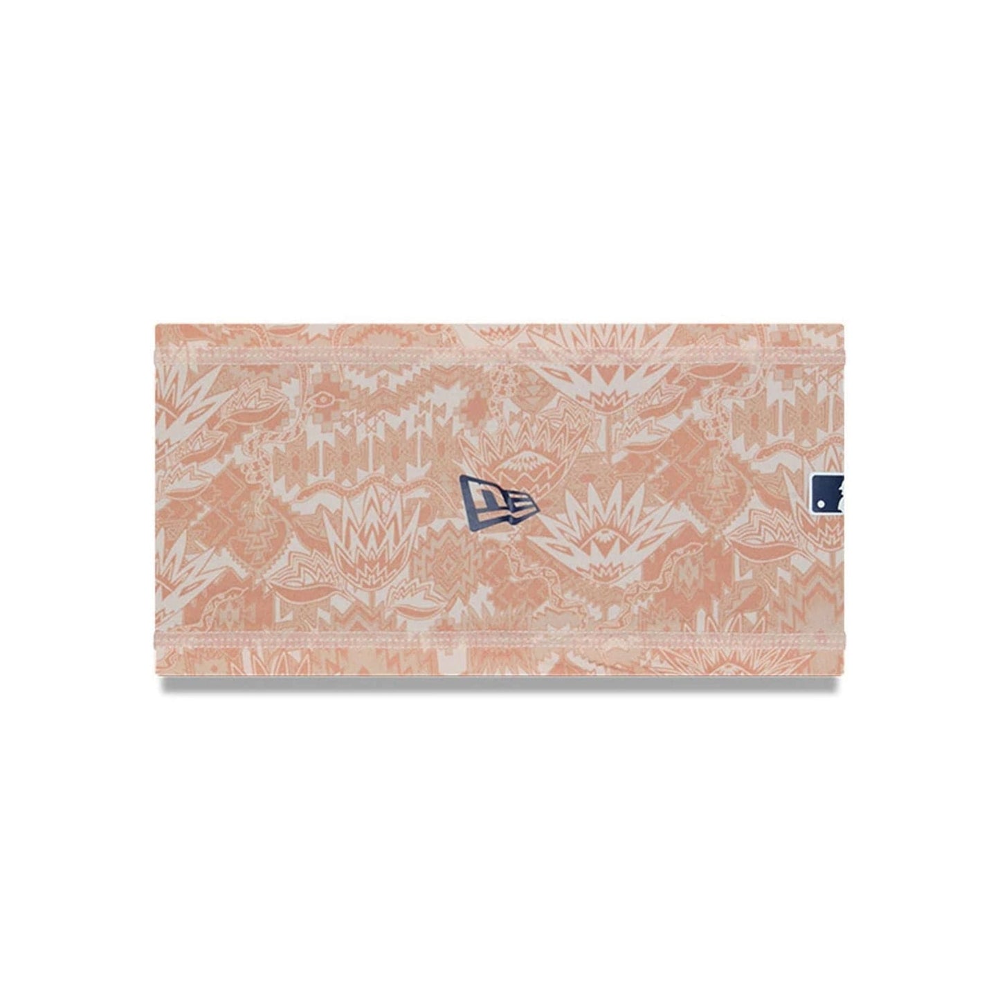 New Era Cactus League Logo MLB Spring Training 2026 All Over Print Headband, front view showing a peach and cream desert-themed pattern with a dark blue New Era flag logo on the centre and a dark MLB logo on the side.