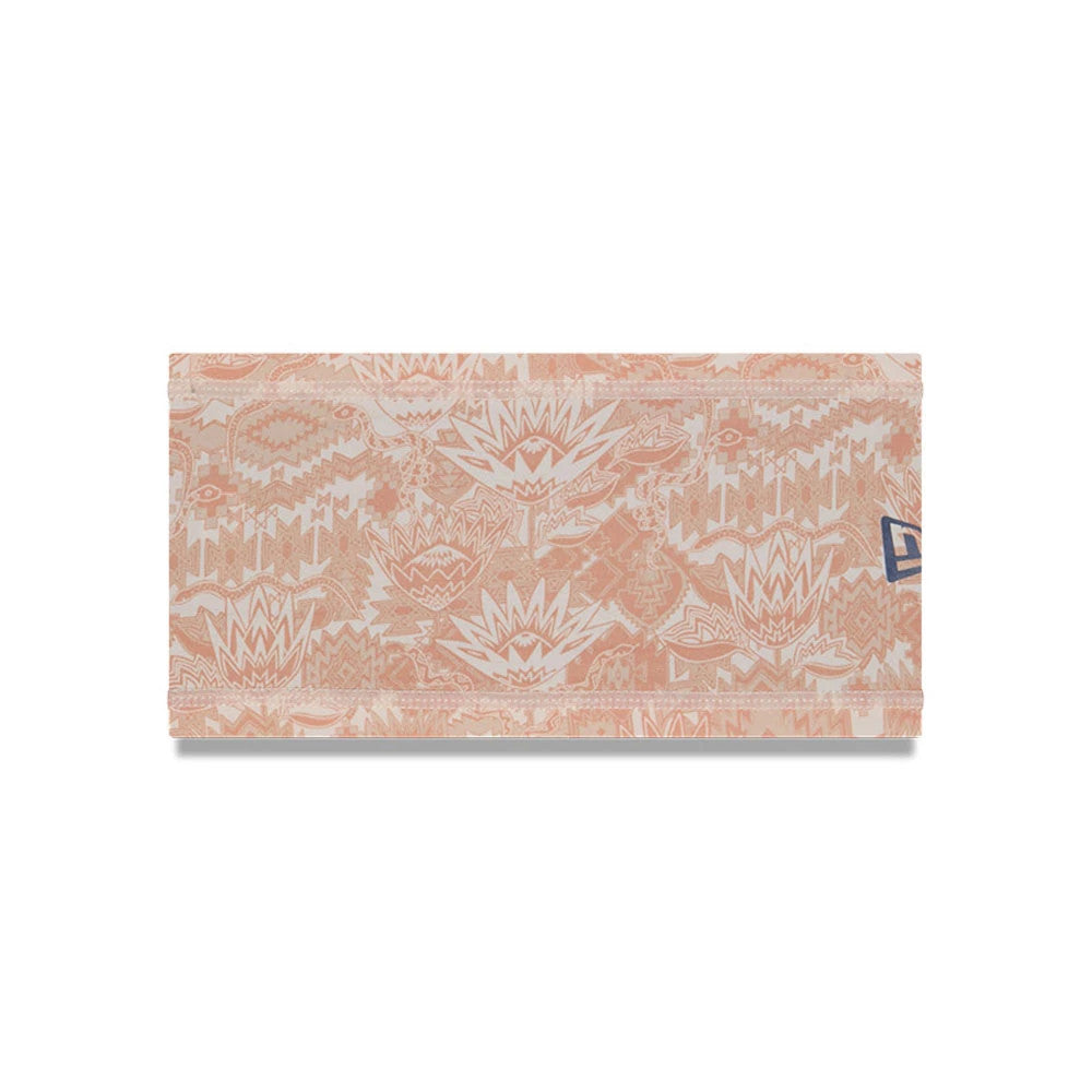 New Era Grapefruit League Logo MLB Spring Training 2026 All Over Print Headband, front view showing a detailed peach and white geometric pattern with the New Era flag logo on the right edge.