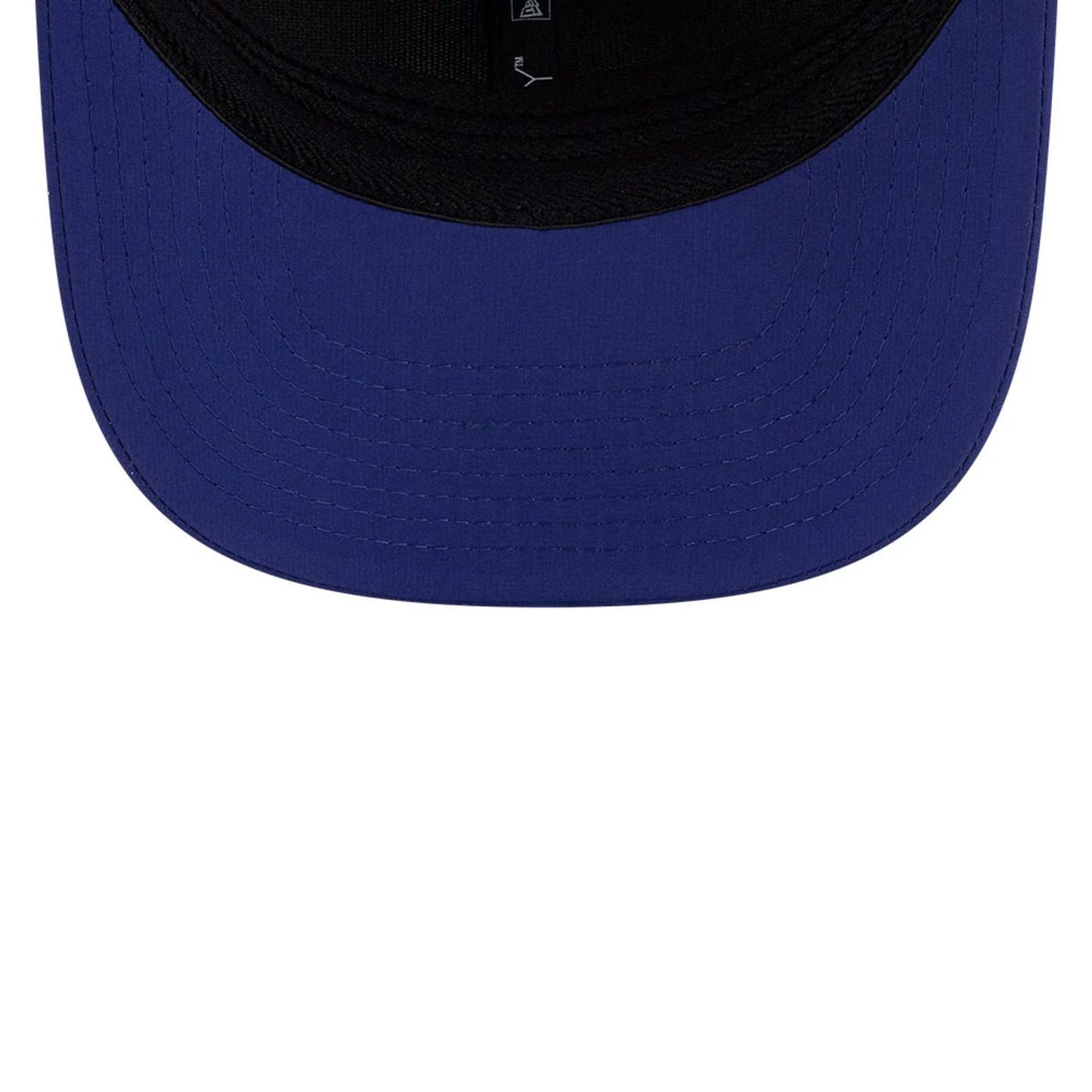 Buffalo Bisons MiLB Clubhouse Dark Blue New Era 9SEVENTY Stretch Snap Adjustable Cap, inside view showing black sweatband, black taping and the dark blue undervisor with detailed stitching along the edges.