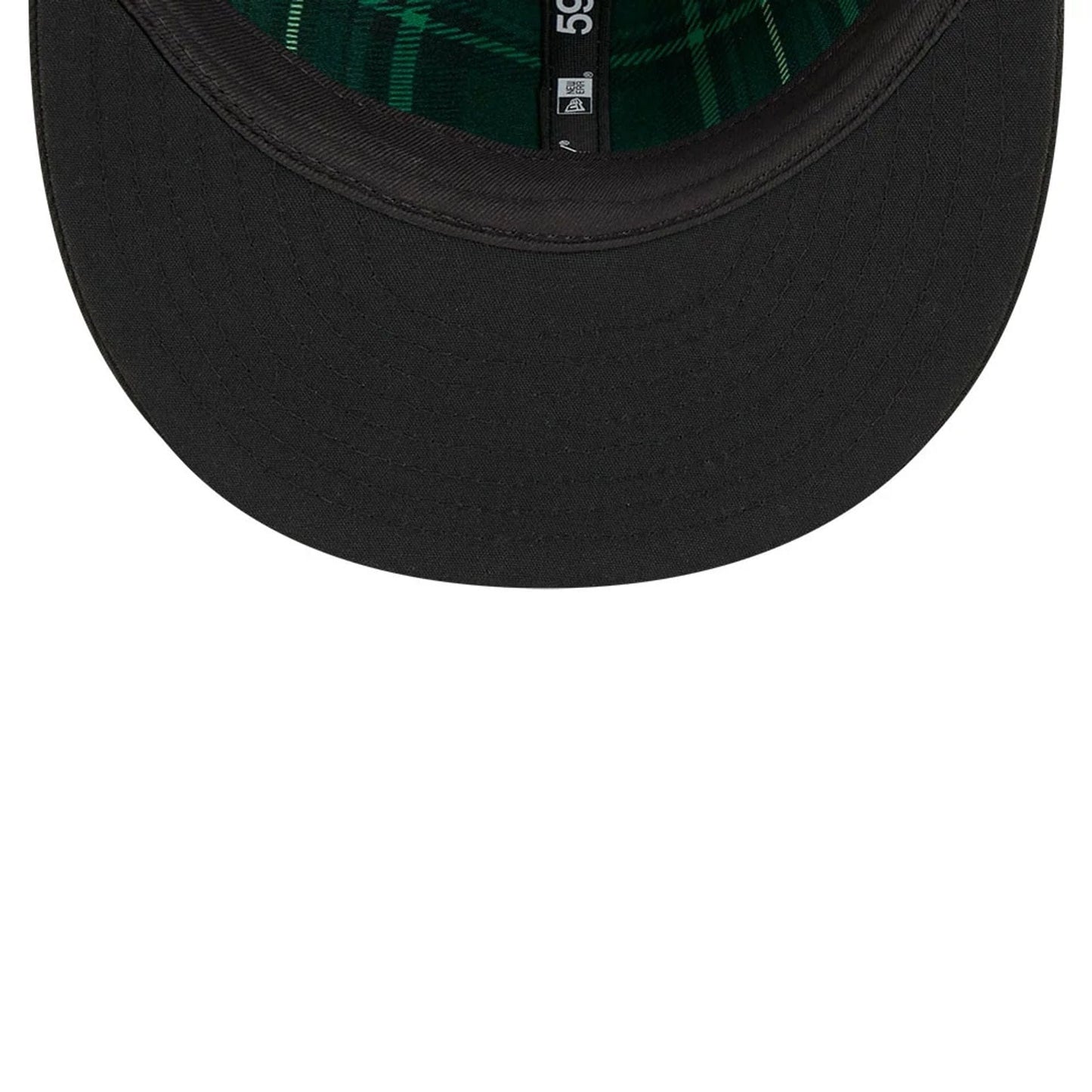 Chicago White Sox MLB Saint Patrick's Day Black New Era 59FIFTY Fitted Cap, inside view showing a green plaid undervisor, black sweatband, contrasting green taping, and 59FIFTY label along the interior crown.