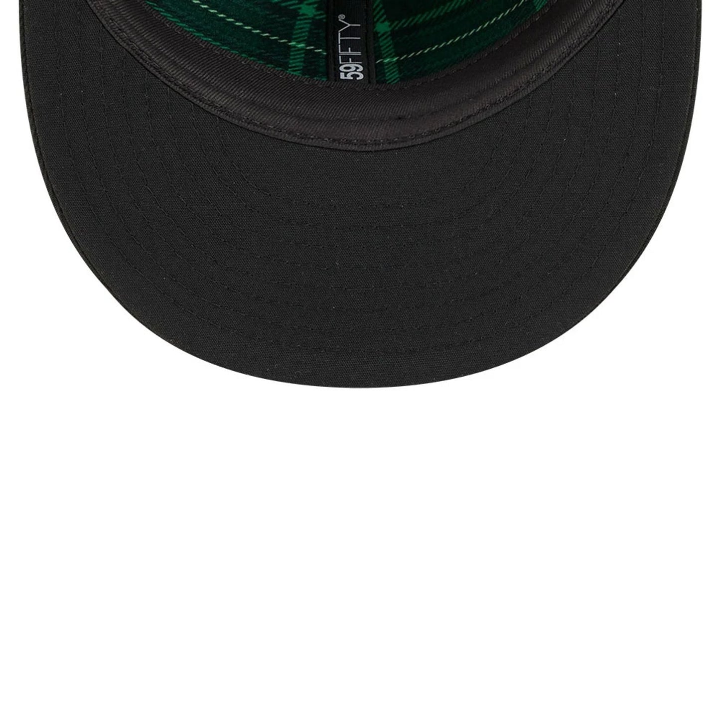 Athletics MLB Saint Patrick's Day Black New Era 59FIFTY Fitted Cap, inside view showing the green checked taping, the black sweatband and black undervisor, with 59FIFTY branding on the inside of the crown.