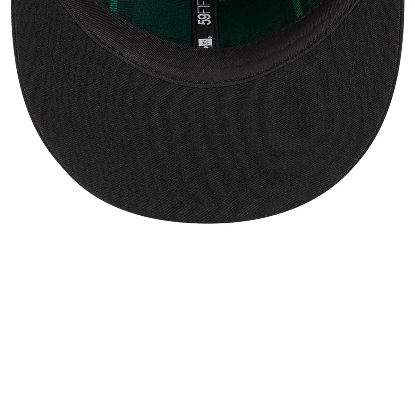 Miami Marlins MLB Saint Patrick's Day Black New Era 59FIFTY Fitted Cap, inside view showing green undervisor, black sweatband with New Era branding, and green taping along the seams inside the structured crown.