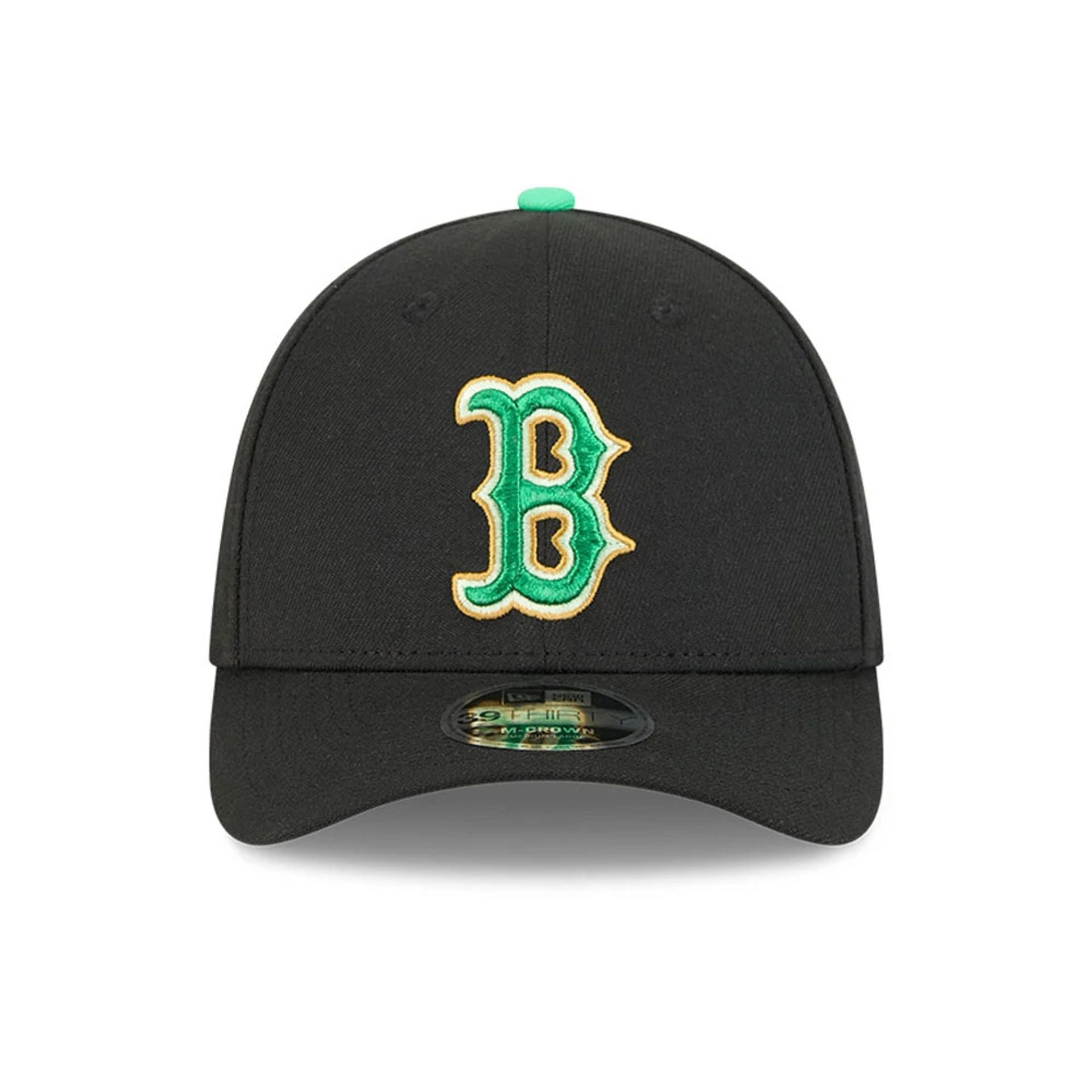 Pictured is this MLB Saint Patrick's Day Boston Red Sox 39THIRTY M-Crown A-Frame Stretch Fit cap in black. 2