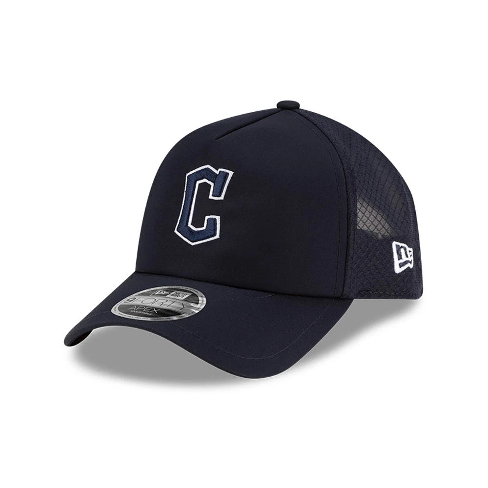 Cleveland Guardians MLB Batting Practice 2026 Navy New Era 9FORTY Apex Adjustable Cap, front view showing the white embroidered C logo on the front panel with a 9FORTY size sticker on the navy curved visor and mesh on the sides.