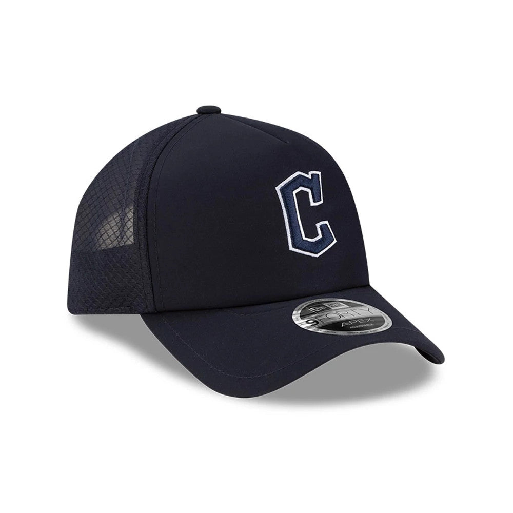 Cleveland Guardians MLB Batting Practice 2026 Navy New Era 9FORTY Apex Adjustable Cap, three-quarter view with a white embroidered C on the front panel, mesh side panels and a curved visor featuring a 9FORTY size sticker.