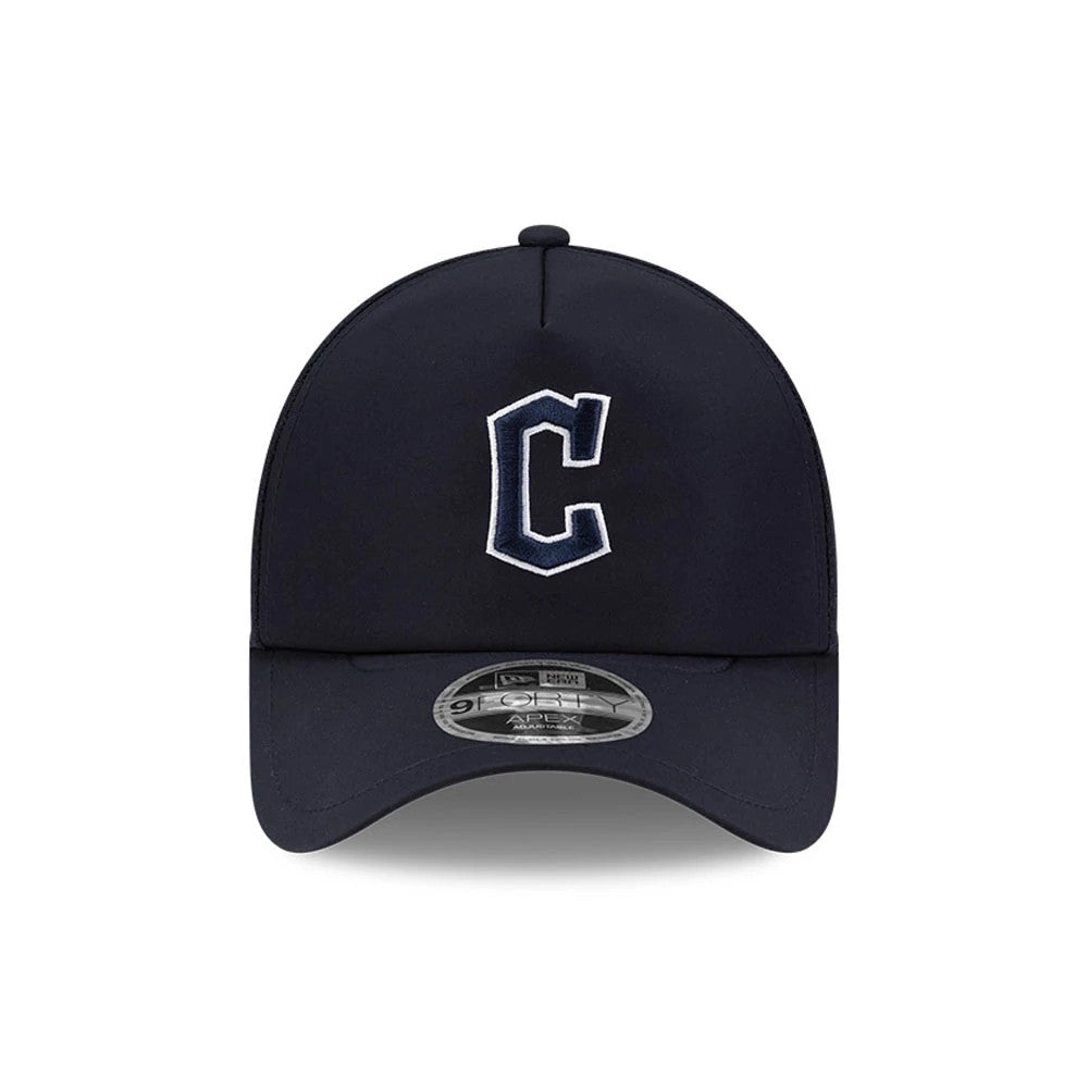Cleveland Guardians MLB Batting Practice 2026 Navy New Era 9FORTY Apex Adjustable Cap, front view showing the raised white embroidered C logo on the structured navy crown with a 9FORTY size sticker on the curved visor.