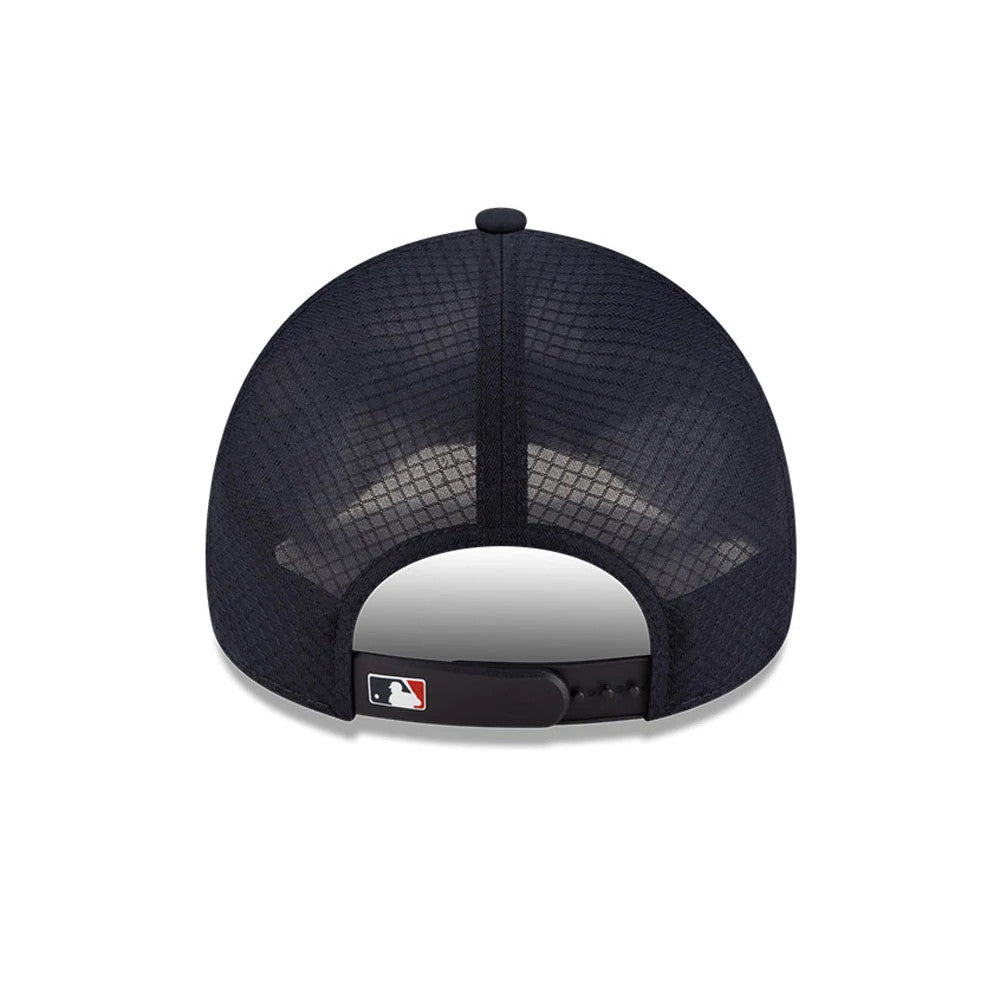 Cleveland Guardians MLB Batting Practice 2026 Navy New Era 9FORTY Apex Adjustable Cap, rear view showing the white and red MLB Batterman logo on the adjustable strap, with a mesh navy crown and a top button.