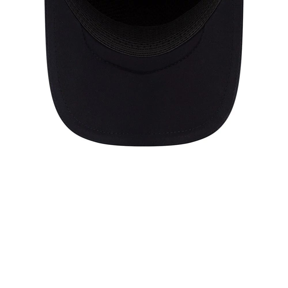 Cleveland Guardians MLB Batting Practice 2026 Navy New Era 9FORTY Apex Adjustable Cap, inside view showing the black sweatband encircling the crown with a matching navy undervisor and stitching details on the visor edge.