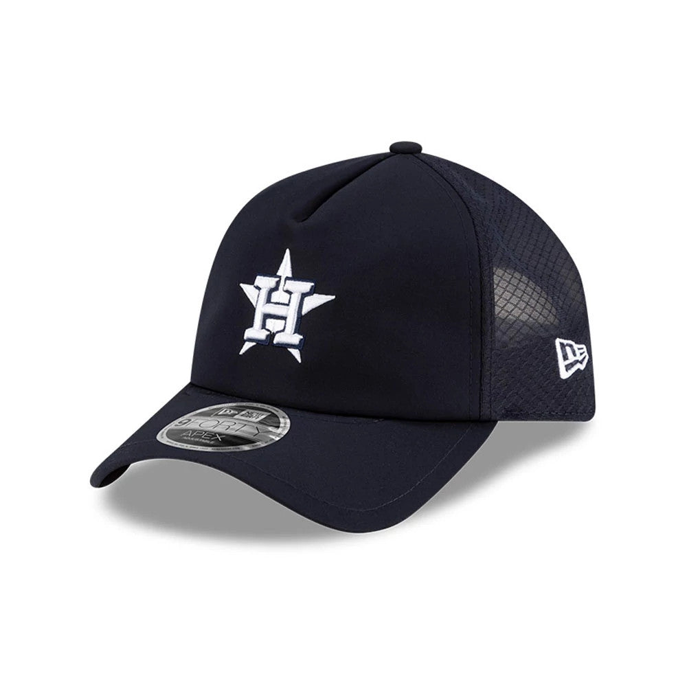 Houston Astros MLB Batting Practice 2026 Navy New Era 9FORTY Apex Adjustable Cap, three-quarter view showing the white embroidered H and star logo on the front panel, navy visor with 9FORTY size sticker, and mesh side panel with New Era flag logo.