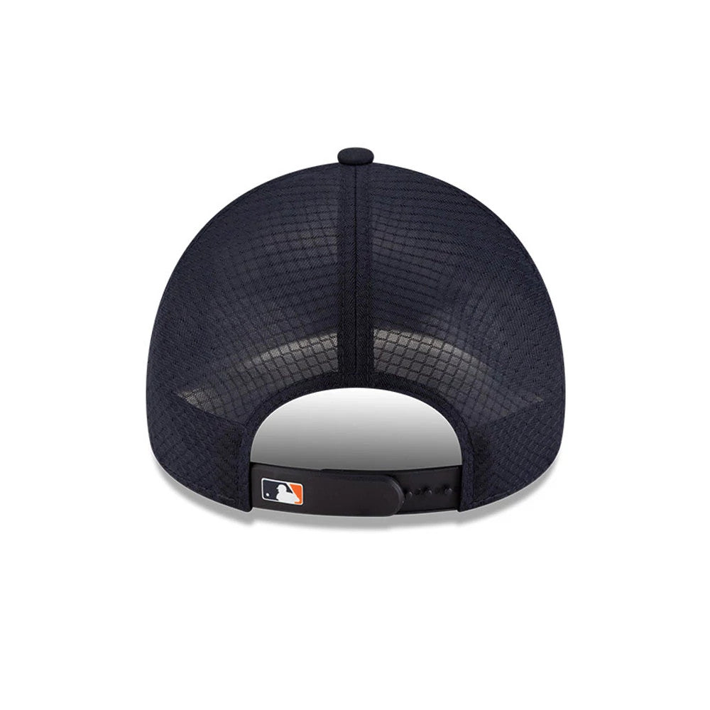Houston Astros MLB Batting Practice 2026 Navy New Era 9FORTY Apex Adjustable Cap, rear view showing the MLB Batterman logo on the black adjustable strap above a navy mesh crown with a top button.