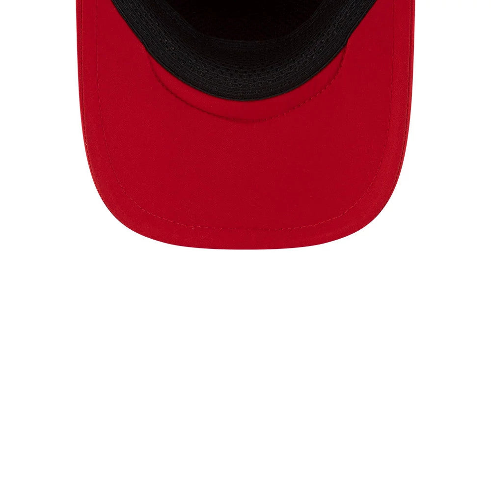 Cincinnati Reds MLB Batting Practice 2026 Red New Era 9FORTY Apex Adjustable Cap, inside view showing the black sweatband and eyelet contrast against the red undervisor, highlighting the detailed stitching on the visor edge.