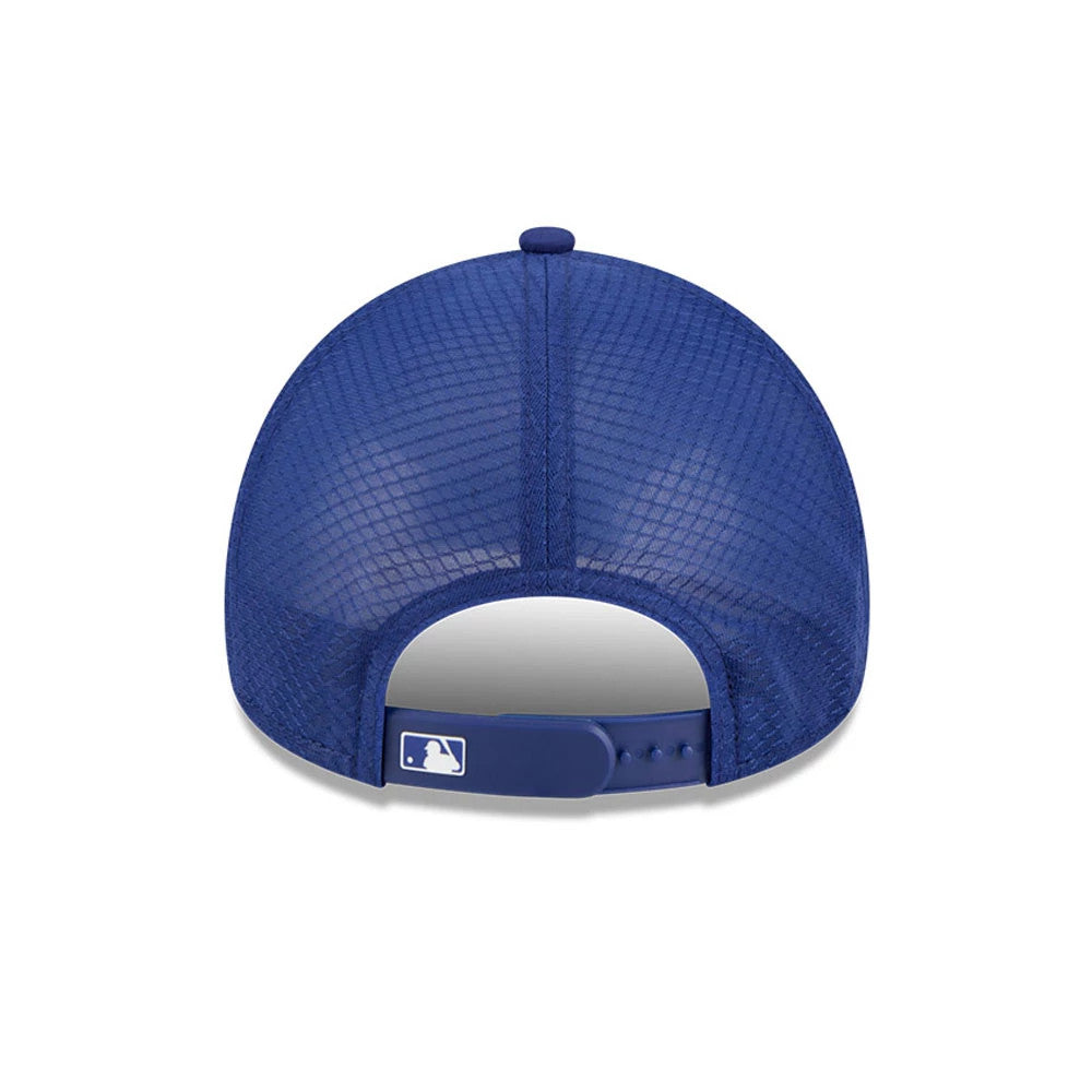 Dodgers MLB Batting Practice 2026 Dark Blue New Era 9FORTY Apex Adjustable Cap, rear view showing the white MLB Batterman logo on the adjustable dark blue strap below the mesh crown.