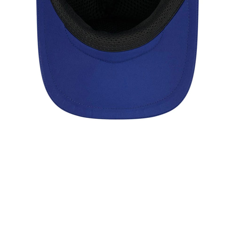 Dodgers MLB Batting Practice 2026 Dark Blue New Era 9FORTY Apex Adjustable Cap, inside view showing the black mesh sweatband, dark blue undervisor, and stitching detail on the structured visor.
